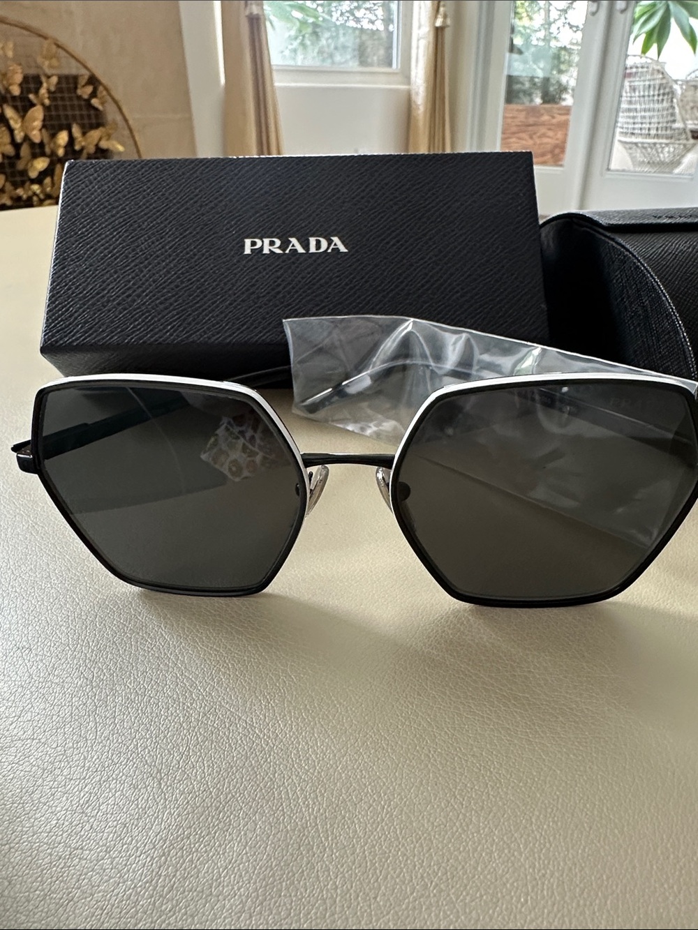 Prada Black Hexagonal Sunglasses with Dark Lenses - Picture 1 of 5